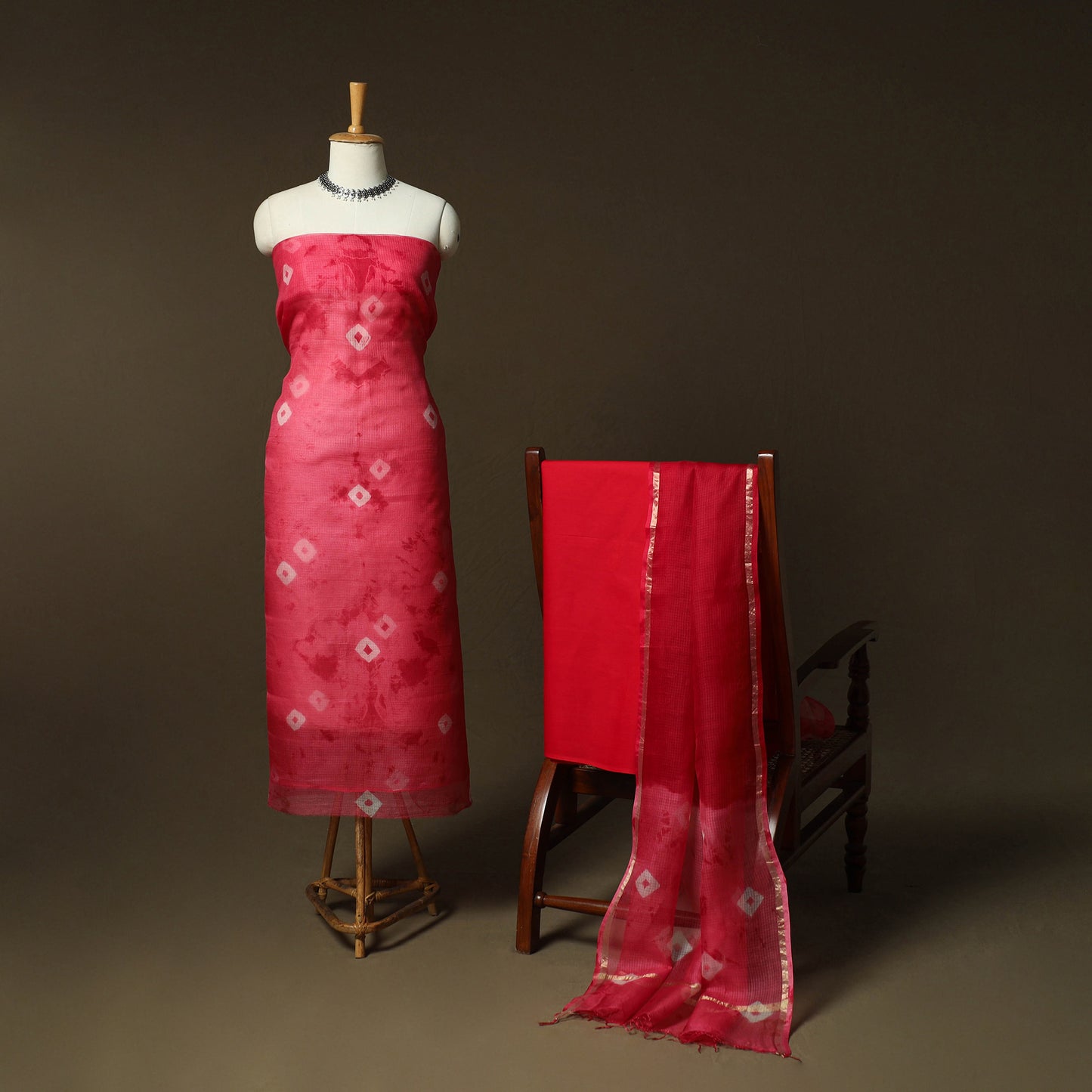 Shibori Tie-Dye Kota Doria Silk 3pc Unstitched Dress Material Suit Set 07