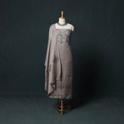 3pc Heavy Chain Stitch Embroidered Wool Unstitched Dress Material Suit Set 34