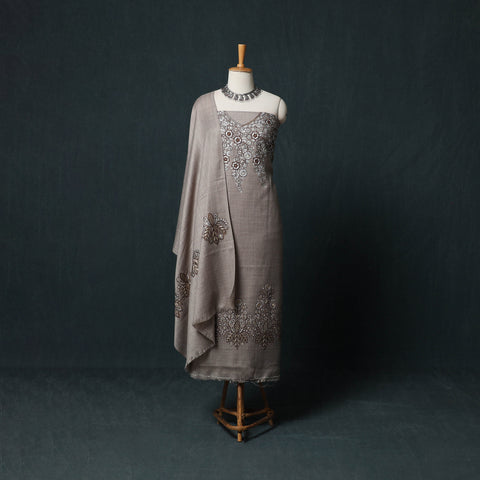 Grey - 3pc Heavy Chain Stitch Embroidered Wool Unstitched Dress Material Suit Set 34