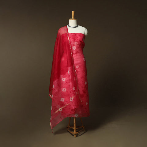 Shibori Tie-Dye Kota Doria Silk 3pc Unstitched Dress Material Suit Set 07