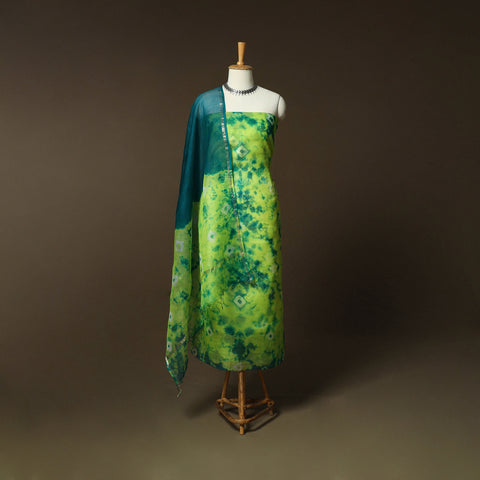 Shibori Tie-Dye Kota Doria Silk 3pc Unstitched Dress Material Suit Set 08