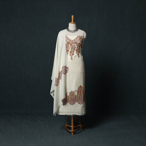 White - 3pc Heavy Chain Stitch Embroidered Wool Unstitched Dress Material Suit Set 36