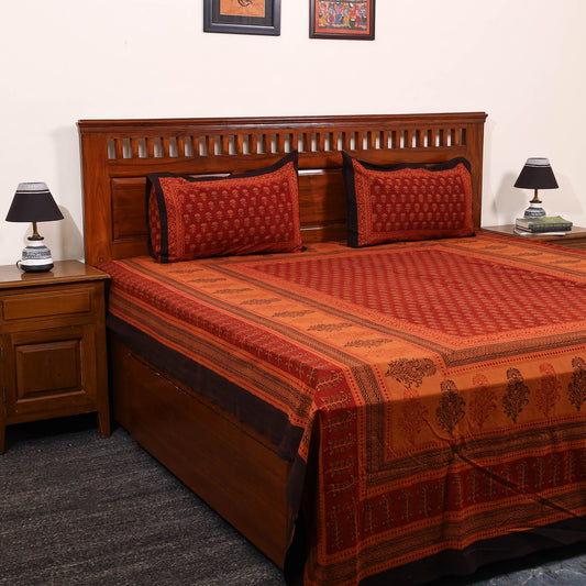 Red - Cotton Bagh Print Double Bedsheet with Pillow Covers 25