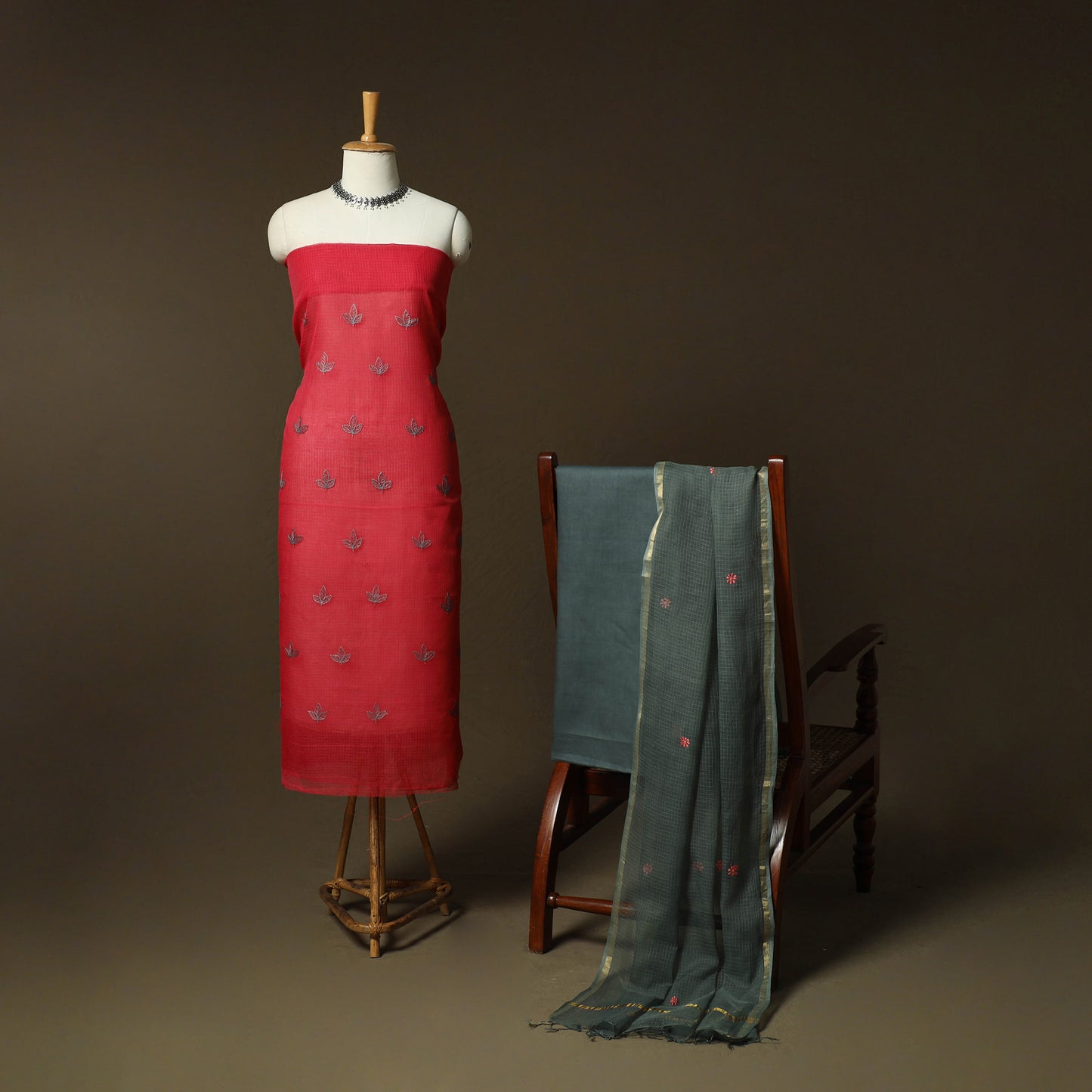 Plain Kota Doria Cotton Embroidered 3pc Unstitched Dress Material Suit Set 10