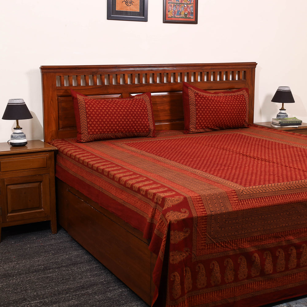 Red - Cotton Bagh Print Double Bedsheet with Pillow Covers 26