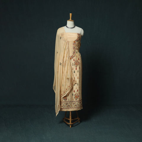 Beige Hand Embroidered Muslin 3pc Unstitched Dress Material 01