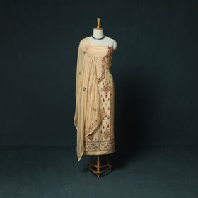 Beige Hand Embroidered Muslin 3pc Unstitched Dress Material 01