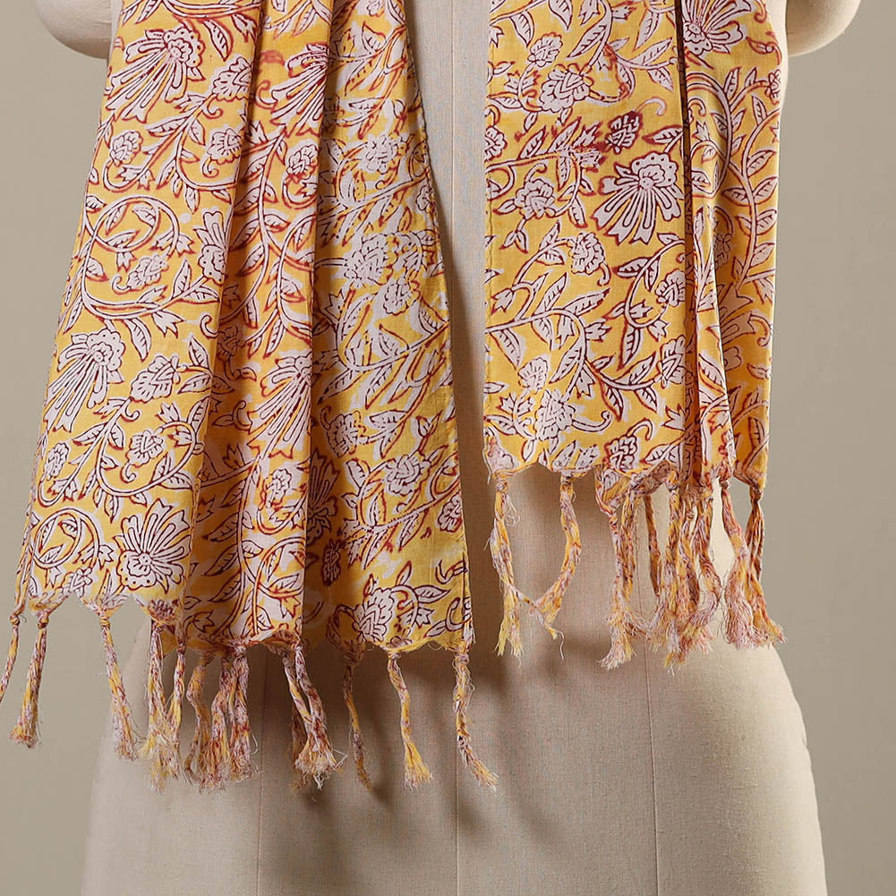 Yellow Block Print Cotton Sanganeri Stole with Tassels