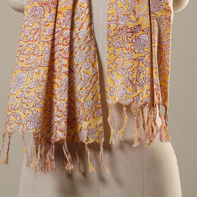 Yellow Block Print Cotton Sanganeri Stole with Tassels
