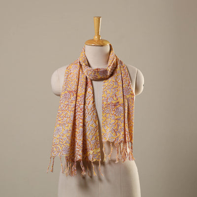 Yellow Block Print Cotton Sanganeri Stole with Tassels
