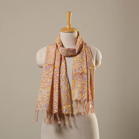 Yellow Block Print Cotton Sanganeri Stole with Tassels