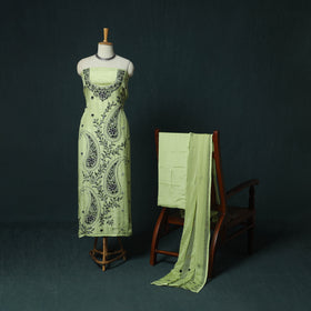 Green - Hand Embroidered Muslin 3pc Unstitched Dress Material 10