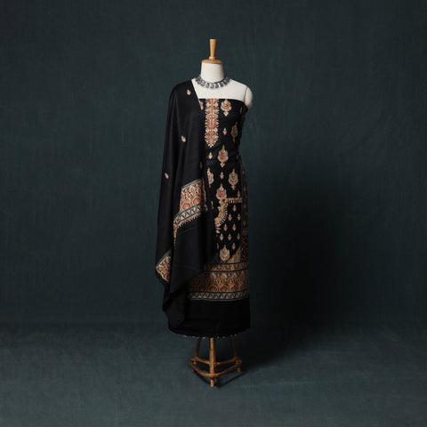 Black - 3pc Heavy Chain Stitch Embroidered Wool Unstitched Dress Material Suit Set 39