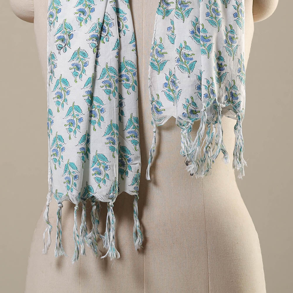 White Block Print Cotton Sanganeri Stole with Tassels