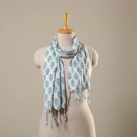 White Block Print Cotton Sanganeri Stole with Tassels