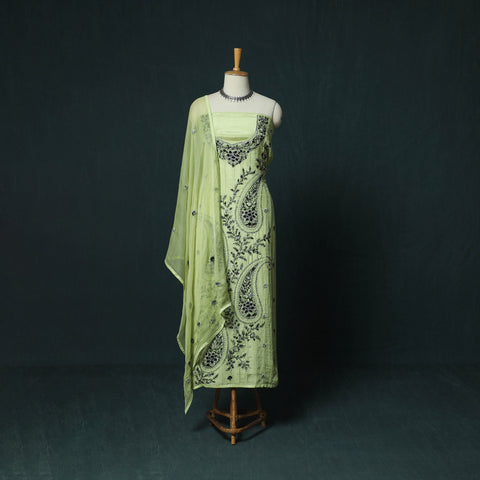 Green - Hand Embroidered Muslin 3pc Unstitched Dress Material 10