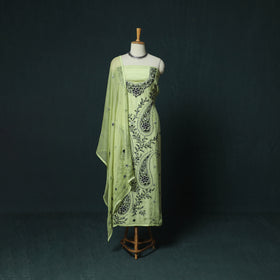 Green - Hand Embroidered Muslin 3pc Unstitched Dress Material 10