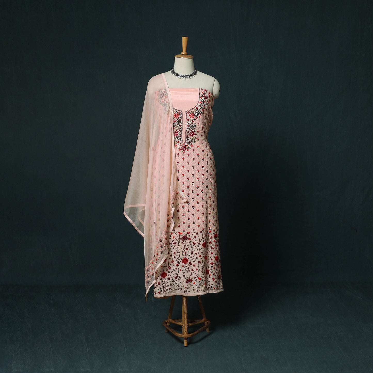 Pink - Hand Embroidered Muslin 3pc Unstitched Dress Material 11