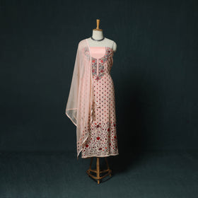 Pink - Hand Embroidered Muslin 3pc Unstitched Dress Material 11