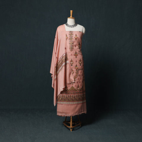 Peach - 3pc Heavy Chain Stitch Embroidered Wool Unstitched Dress Material Suit Set 40