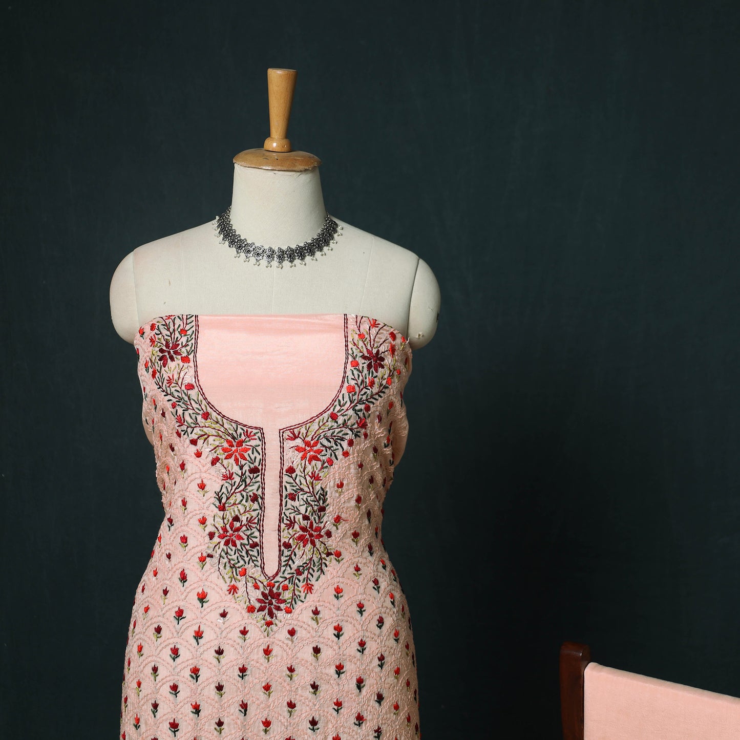 Pink - Hand Embroidered Muslin 3pc Unstitched Dress Material 11
