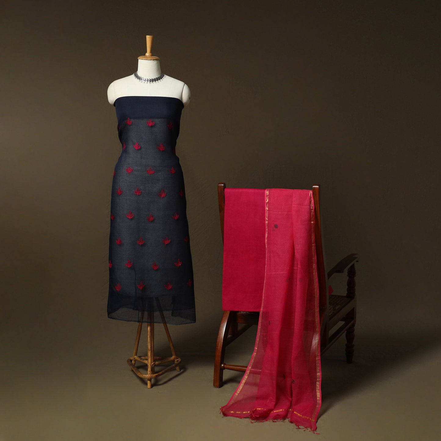 Plain Kota Doria Cotton Embroidered 3pc Unstitched Dress Material Suit Set 13