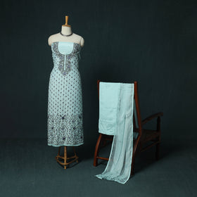 Blue - Hand Embroidered Muslin 3pc Unstitched Dress Material 13