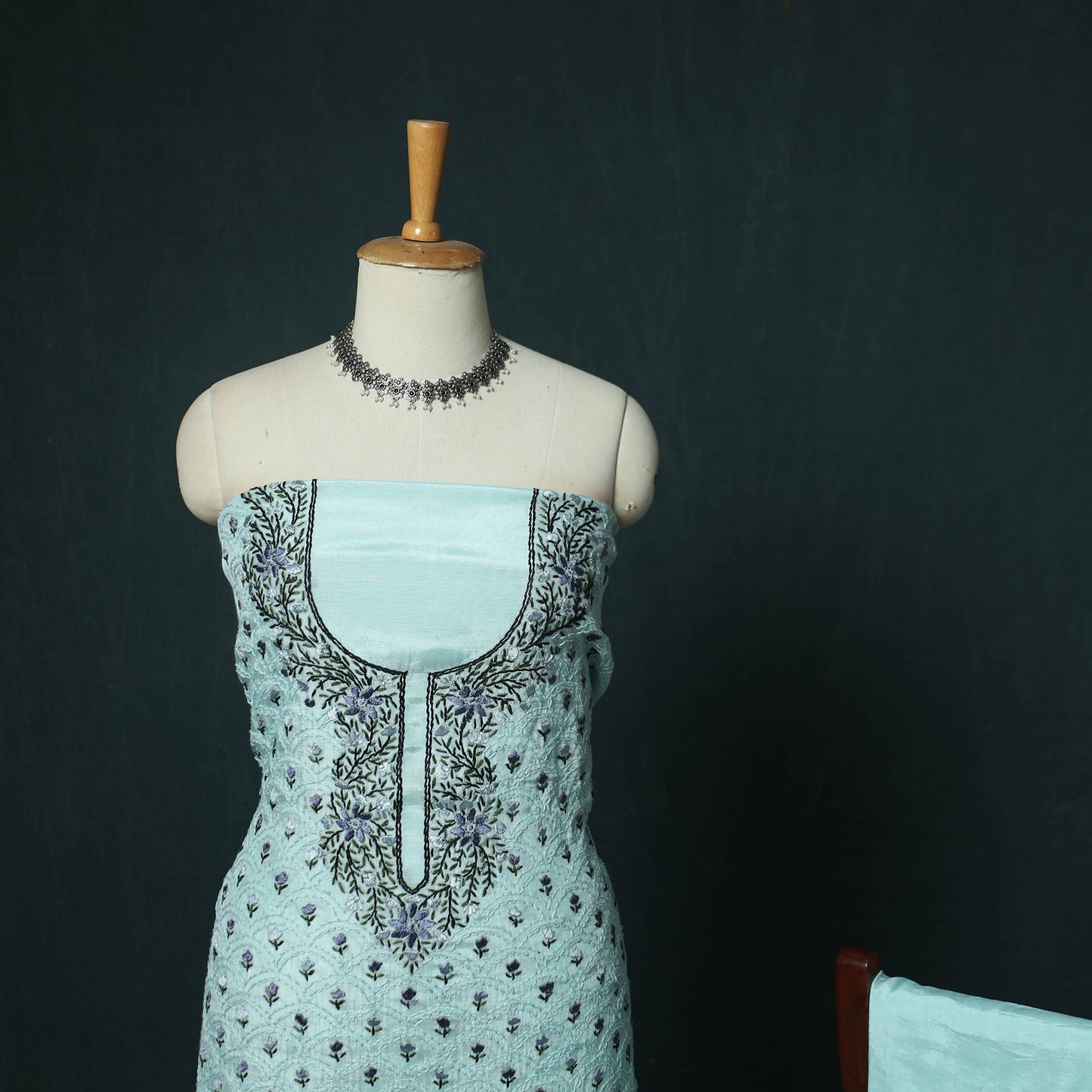 Blue - Hand Embroidered Muslin 3pc Unstitched Dress Material 13