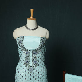 Blue - Hand Embroidered Muslin 3pc Unstitched Dress Material 13