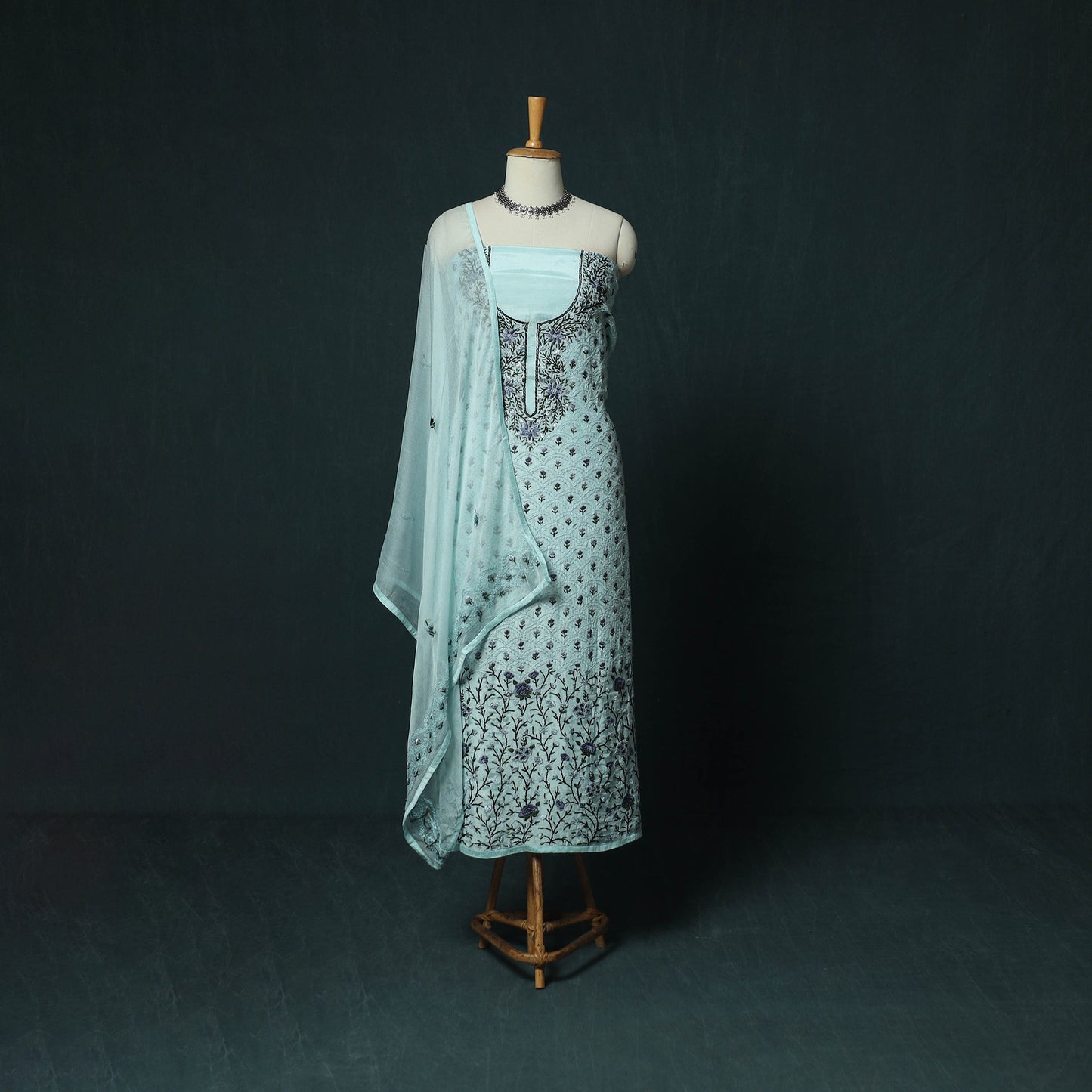 Blue - Hand Embroidered Muslin 3pc Unstitched Dress Material 13