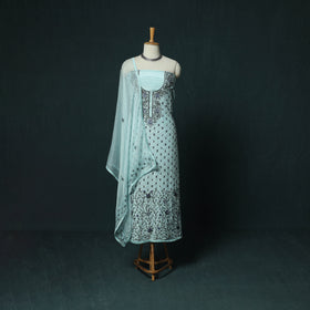 Blue - Hand Embroidered Muslin 3pc Unstitched Dress Material 13