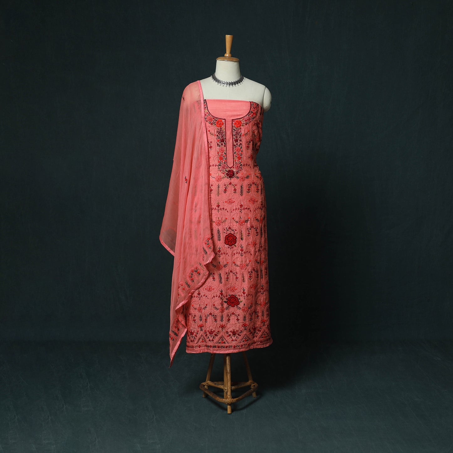Pink - Hand Embroidered Muslin 3pc Unstitched Dress Material 02