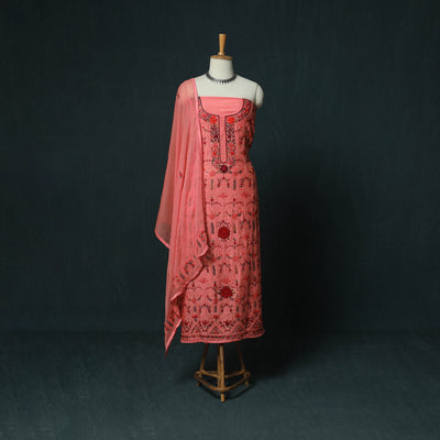 Pink - Hand Embroidered Muslin 3pc Unstitched Dress Material 02