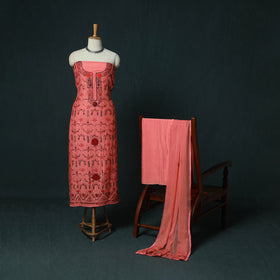 Pink - Hand Embroidered Muslin 3pc Unstitched Dress Material 02