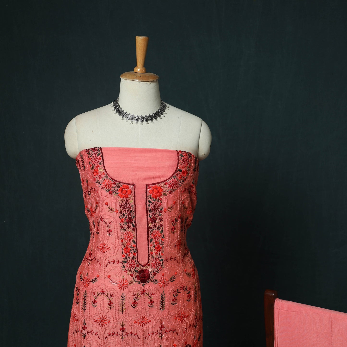 Pink - Hand Embroidered Muslin 3pc Unstitched Dress Material 02