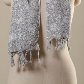 Grey Block Print Cotton Sanganeri Stole with Tassels