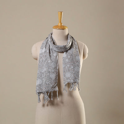 Grey Block Print Cotton Sanganeri Stole with Tassels