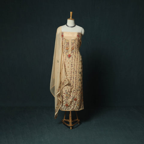 Beige - Hand Embroidered Muslin 3pc Unstitched Dress Material 03