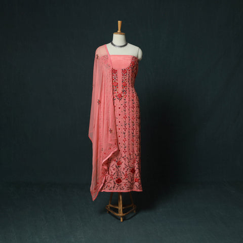 Pink - Hand Embroidered Muslin 3pc Unstitched Dress Material 04