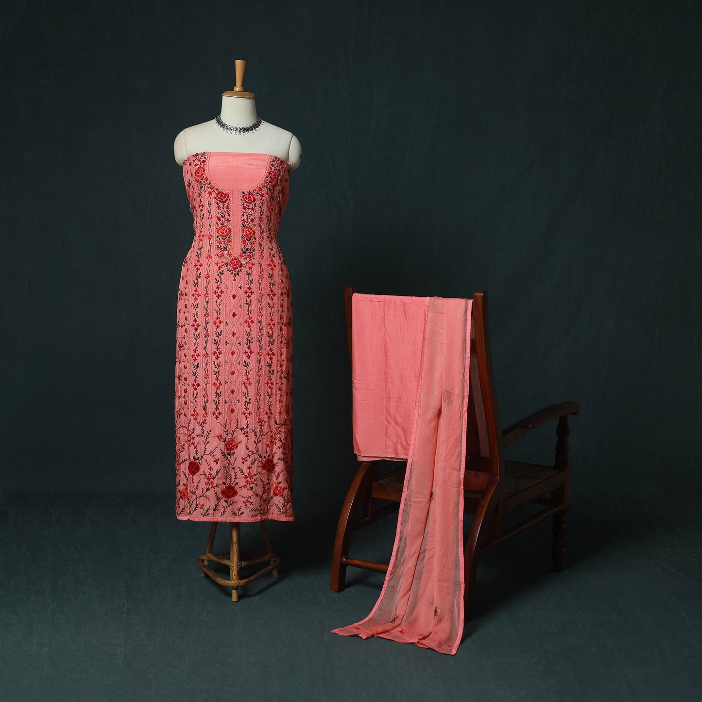 Pink - Hand Embroidered Muslin 3pc Unstitched Dress Material 04