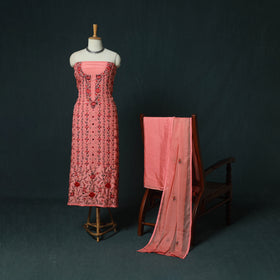 Pink - Hand Embroidered Muslin 3pc Unstitched Dress Material 05