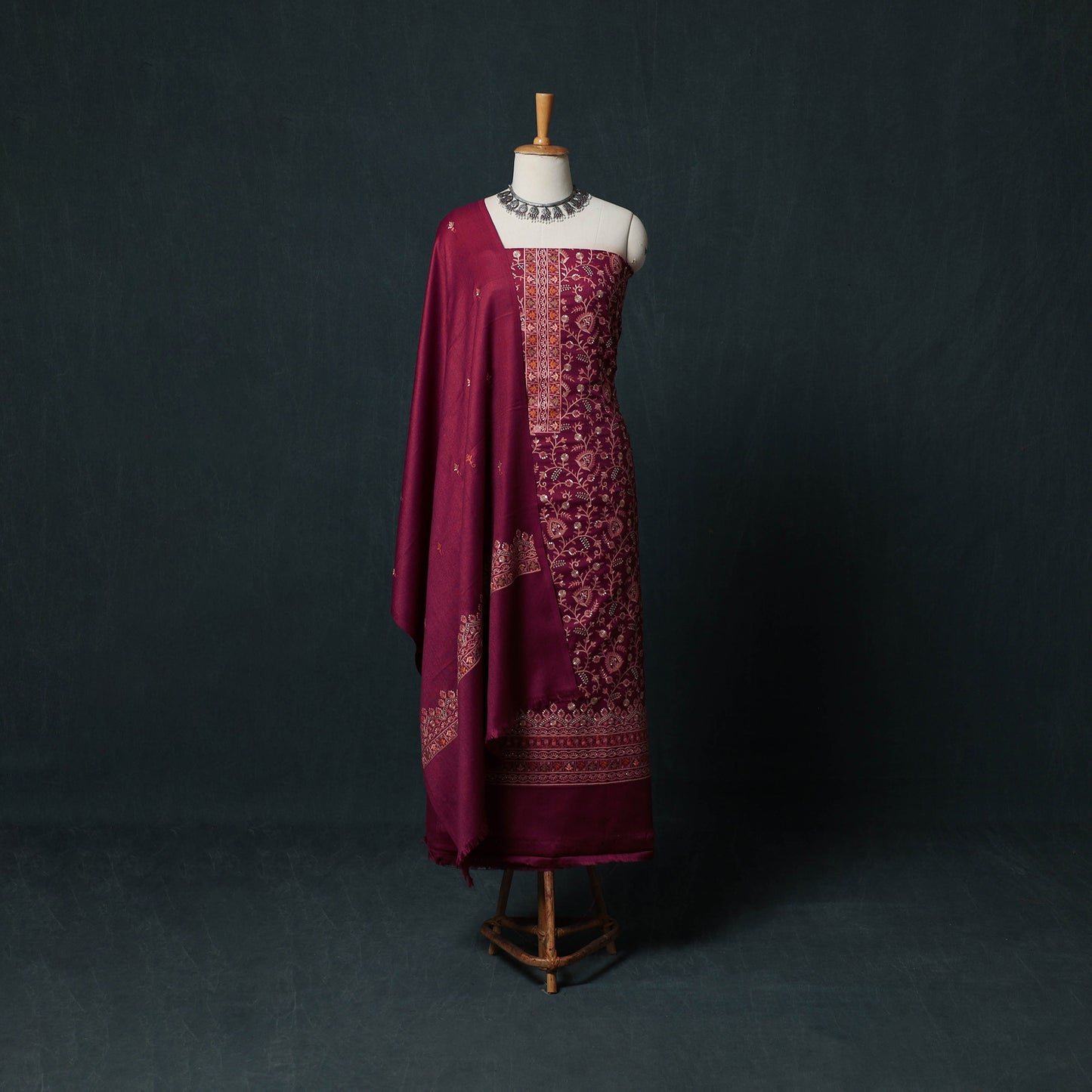 3pc Heavy Embroidered Wool Unstitched Dress Material Suit Set 45