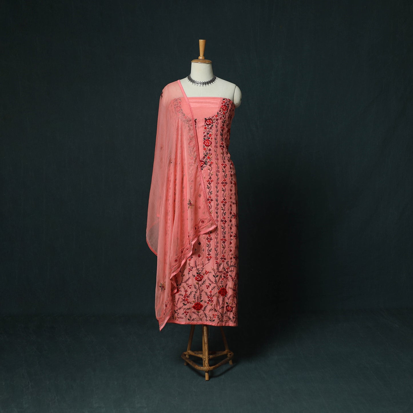 Pink - Hand Embroidered Muslin 3pc Unstitched Dress Material 05