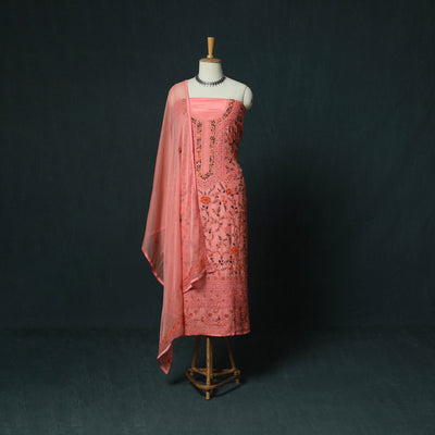 Pink - Hand Embroidered Muslin 3pc Unstitched Dress Material 06