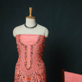 Pink - Hand Embroidered Muslin 3pc Unstitched Dress Material 06