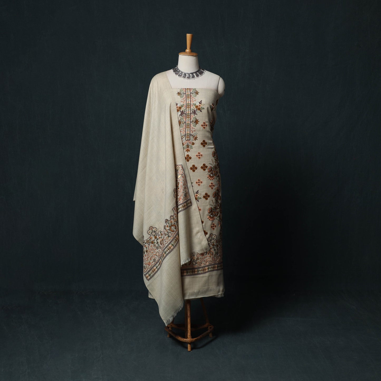 3pc Heavy Embroidered Wool Unstitched Dress Material Suit Set 56