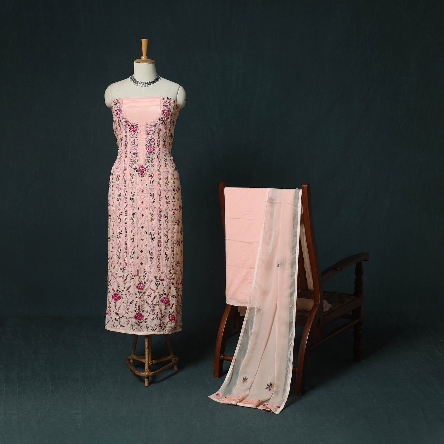 Pink - Hand Embroidered Muslin 3pc Unstitched Dress Material 08