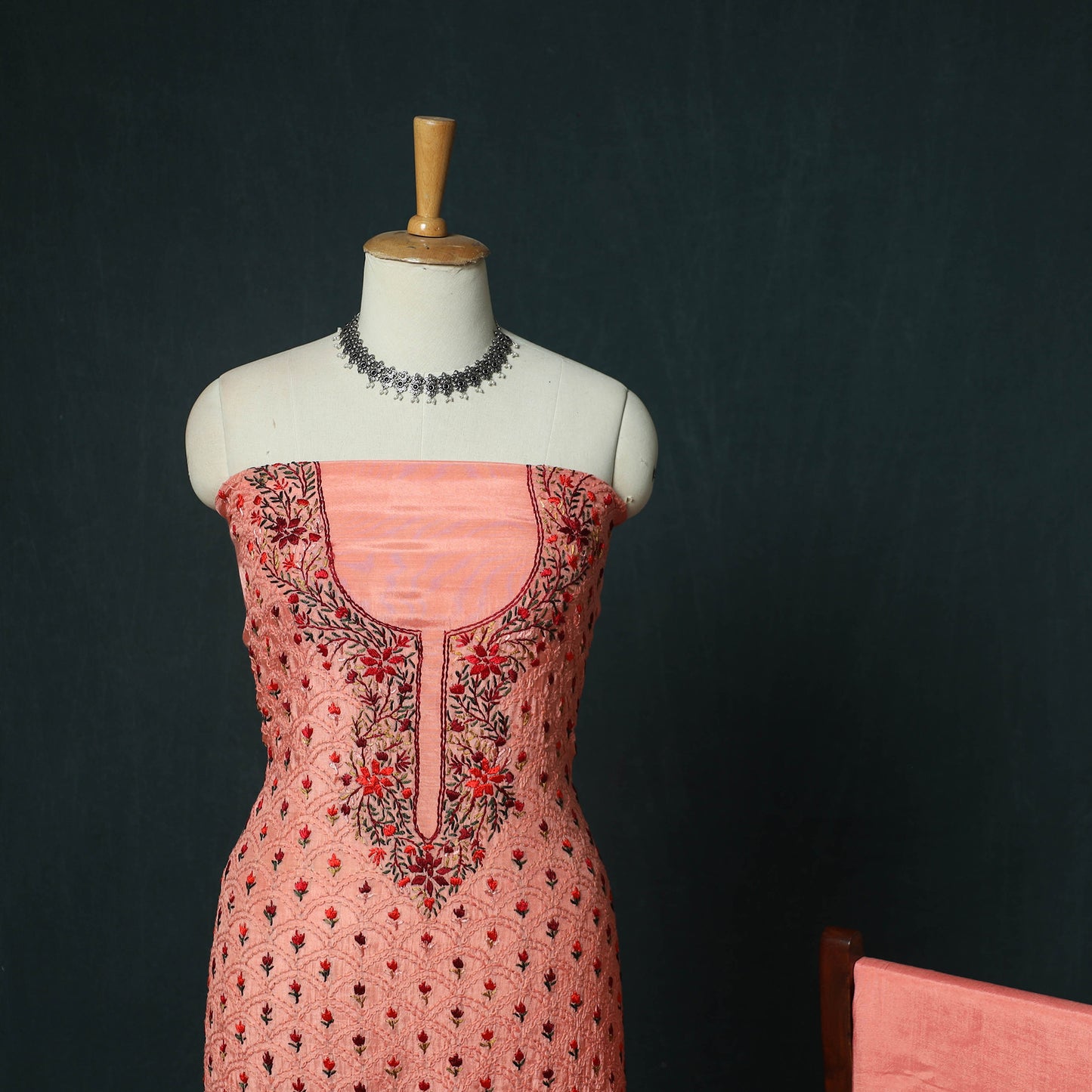 Peach - Hand Embroidered Muslin 3pc Unstitched Dress Material 09