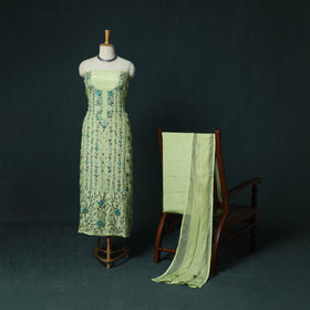 Green - Hand Embroidered Muslin 3pc Unstitched Dress Material 12