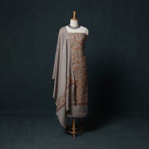 Brown - 3pc Heavy Embroidered Wool Unstitched Dress Material Suit Set 53